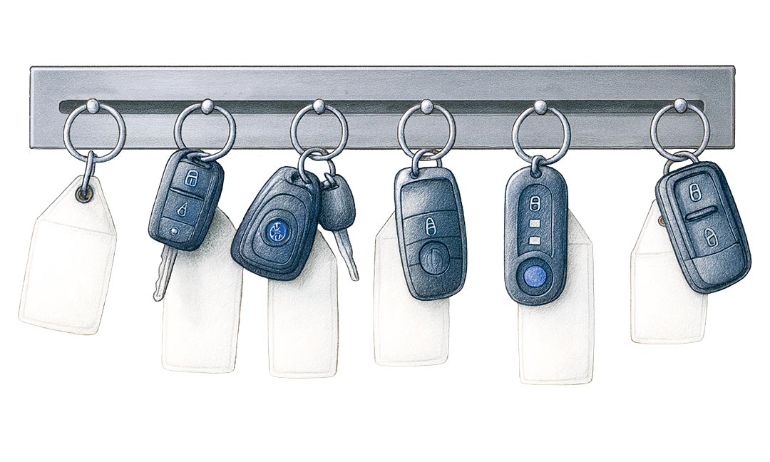 Diverse Autoschlüssel an einem Schlüsselbrett