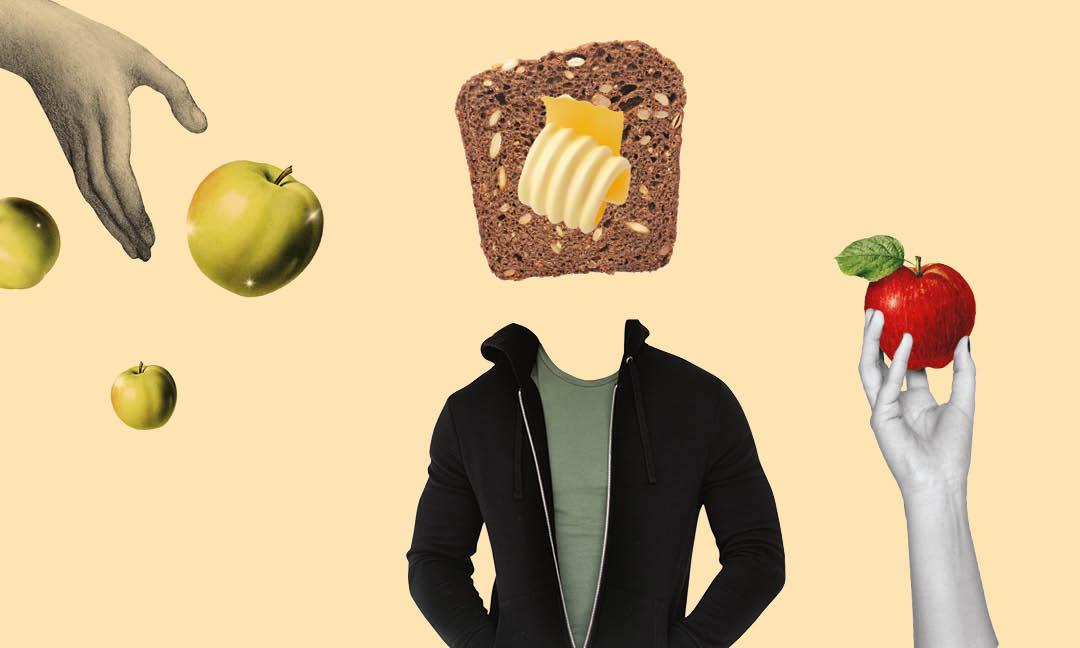 Oberkörper eines Mannes mit einem Kopf aus Schwarzbrot mit einer Flocke Butter – drumherum greifen Hände nach Äpfeln