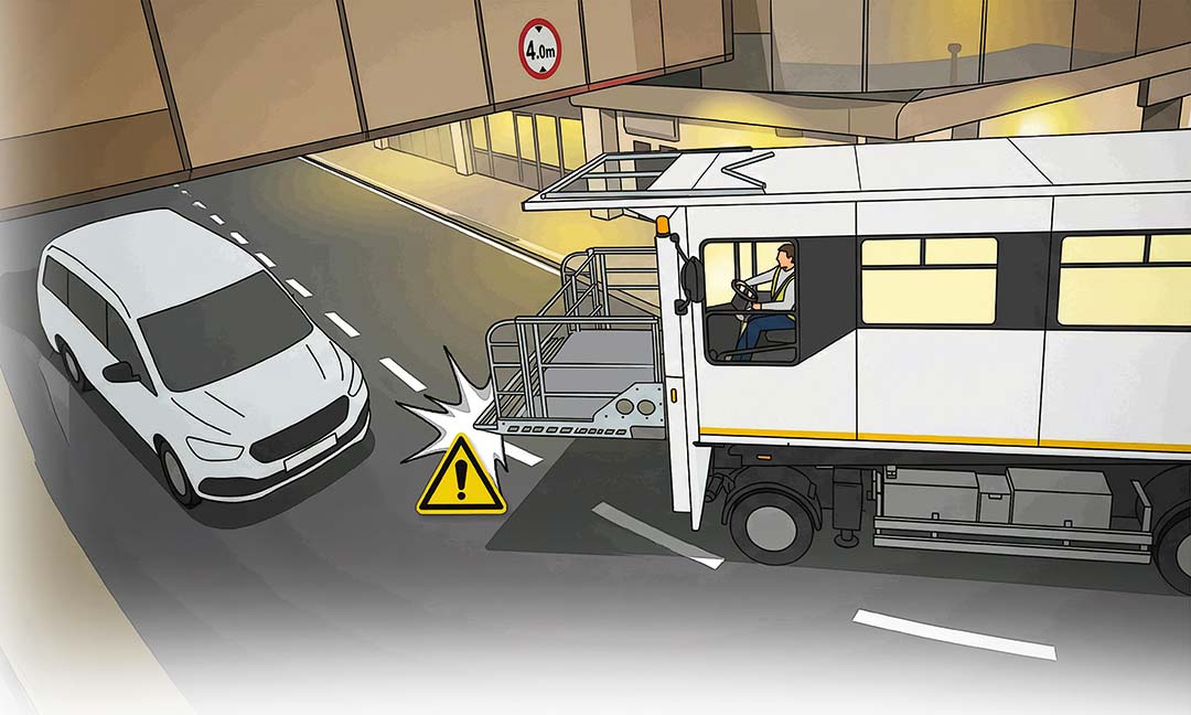 Illustration einer Kollistion eines Hublift-Fahrzeugs mit einem Pkw aufgrund fehlender Übersicht