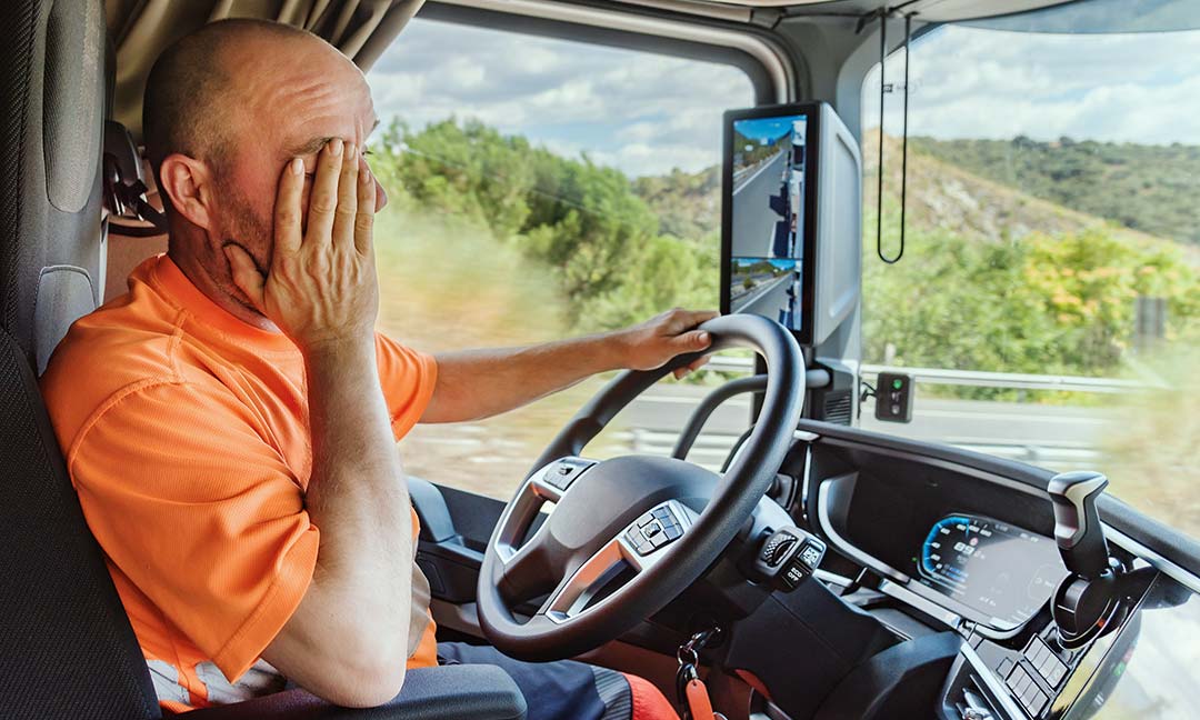 Kranker Lkw-Fahrer fasst sich beim Fahren an die Stirn