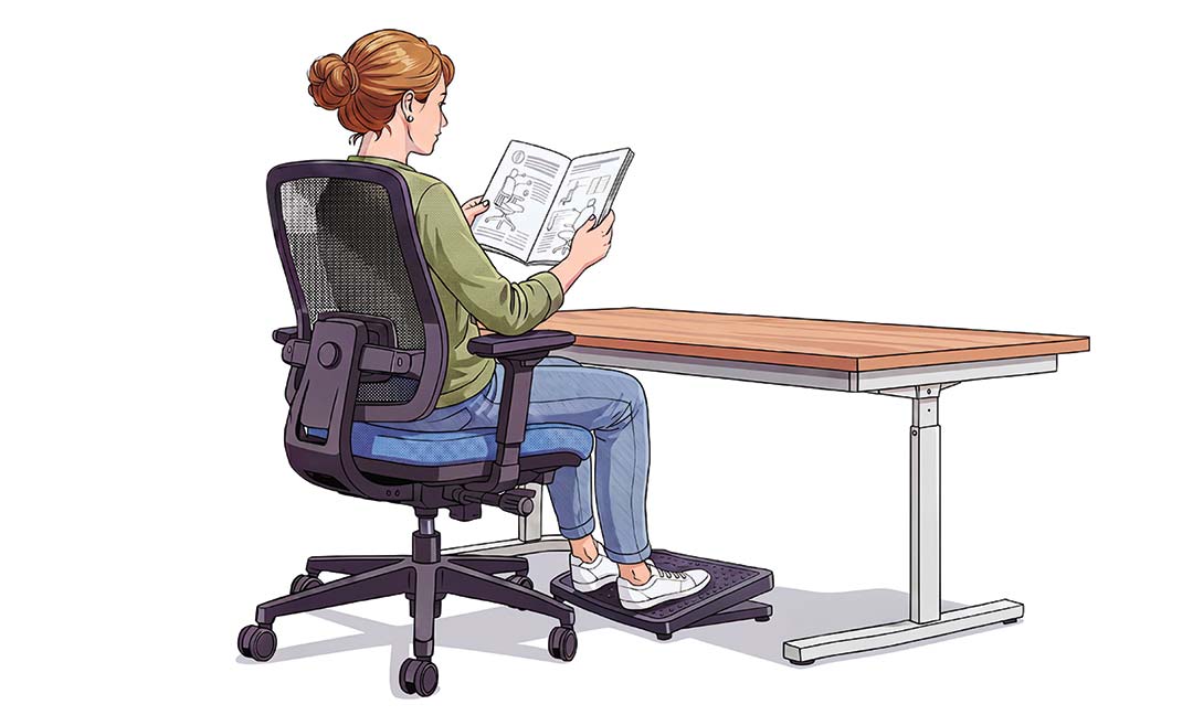 Illustration einer Frau lesend in einem Bürostuhl sitzend in korrekter Körperhaltung