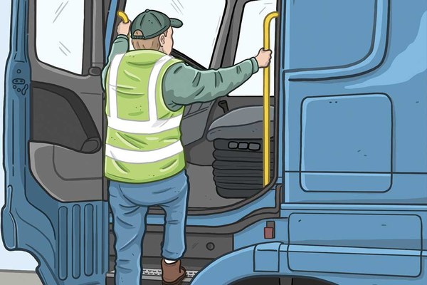 Zeichnung eines Mannes, der in ein Lkw Fahrerhaus einsteigt und sich mit beiden Händen an Griffen festhält