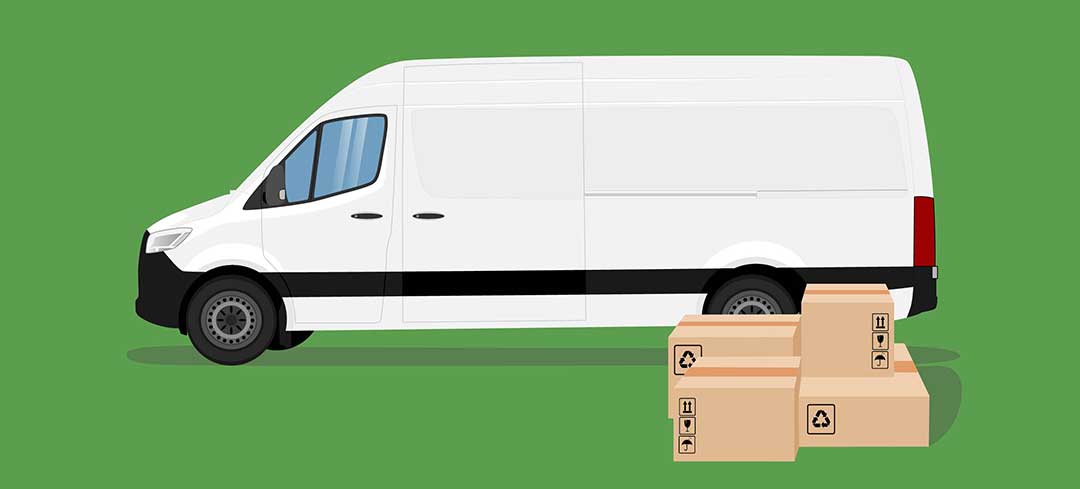 Ladungssicherung ist auch im Transporter extrem wichtig Zeichnung eines weißen Transporters, vor dem Pakete gestapelt sind