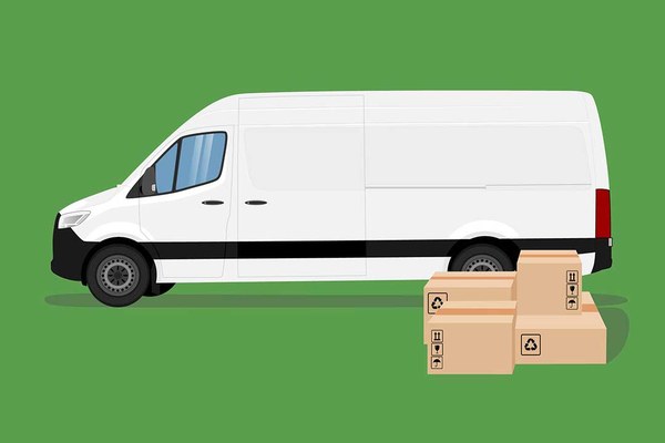 Zeichnung eines weißen Transporters, vor dem Pakete gestapelt sind