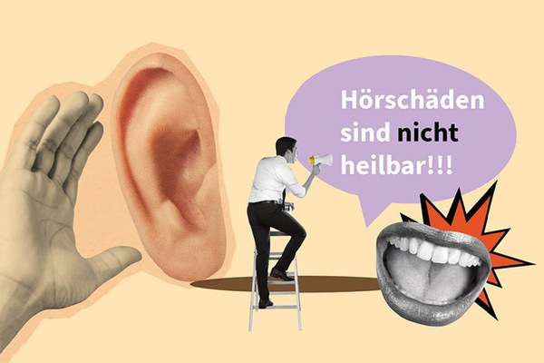 Illustration mit riesigem Ohr, Hand als Trichter und einem Mann, der mit Megaphon hineinschreit