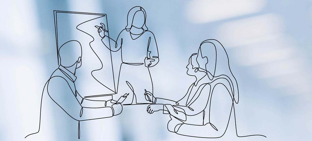 Jetzt zu den Seminaren für 2026 anmelden Strichillustration mit Referentin, die Seminarteilnehmenden am White board etwas erklärt