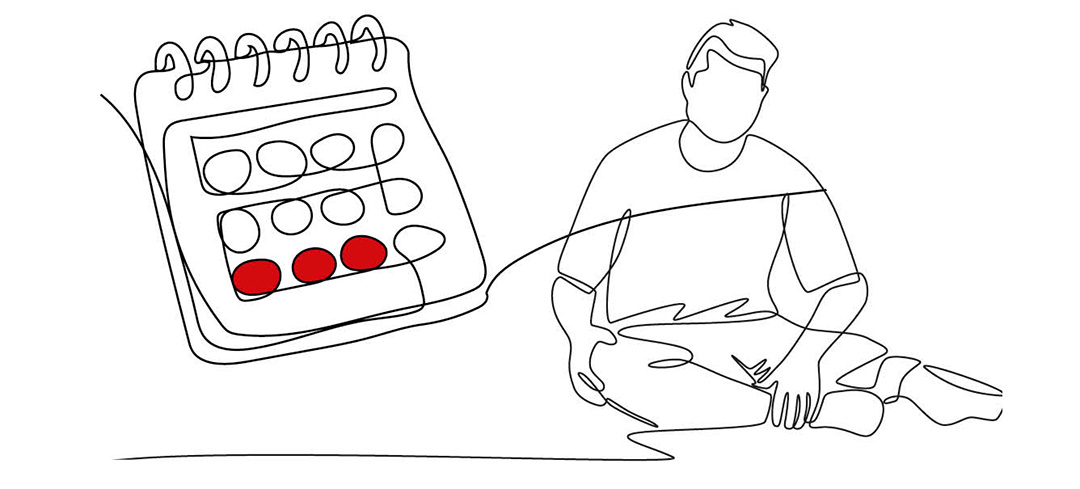 Meldepflicht bei mehr als drei Kalendertagen Arbeitsunfähigkeit Strichzeichnung eines Kalenders in dem Tage rot markiert sind. Daneben sitzt ein verletzter Mann auf dem Boden und hält sich sein Bein