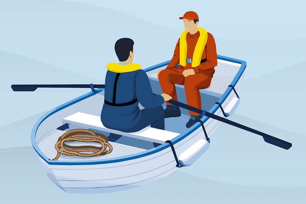 Illustration eines Beibootes mit zwei Passagieren