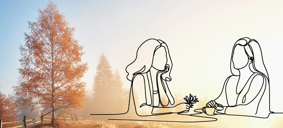 Herbstlandschaft bei Sonnenuntergang mit Ein-Strich-Zeichnung von Frauen im Gespräch