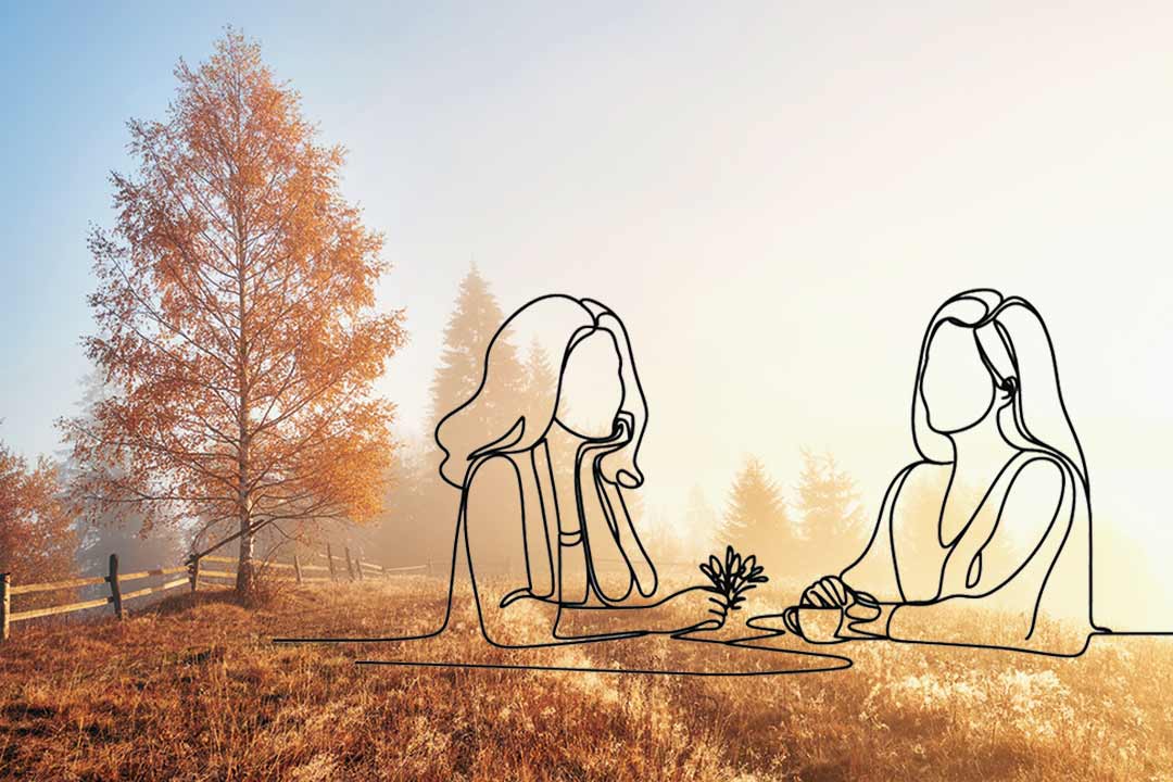 Herbstlandschaft bei Sonnenuntergang mit Ein-Strich-Zeichnung von Frauen im Gespräch