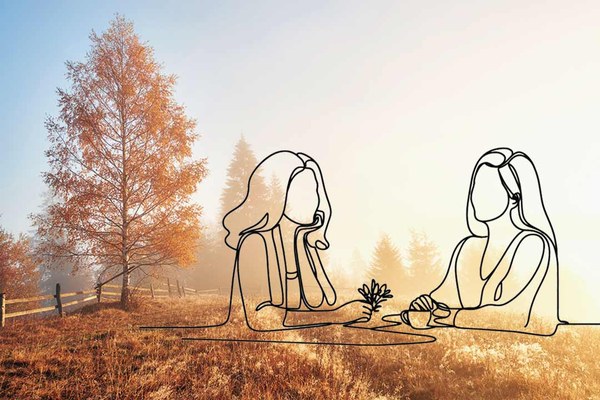 Herbstlandschaft bei Sonnenuntergang mit Ein-Strich-Zeichnung von Frauen im Gespräch