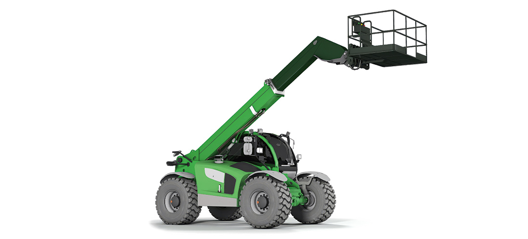 Teleskopstapler mit Drahtkorb als Aufsatz