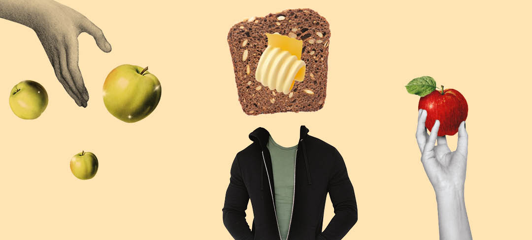 Oberkörper eines Mannes mit einem Kopf aus Schwarzbrot mit einer Flocke Butter – drumherum greifen Hände nach Äpfeln