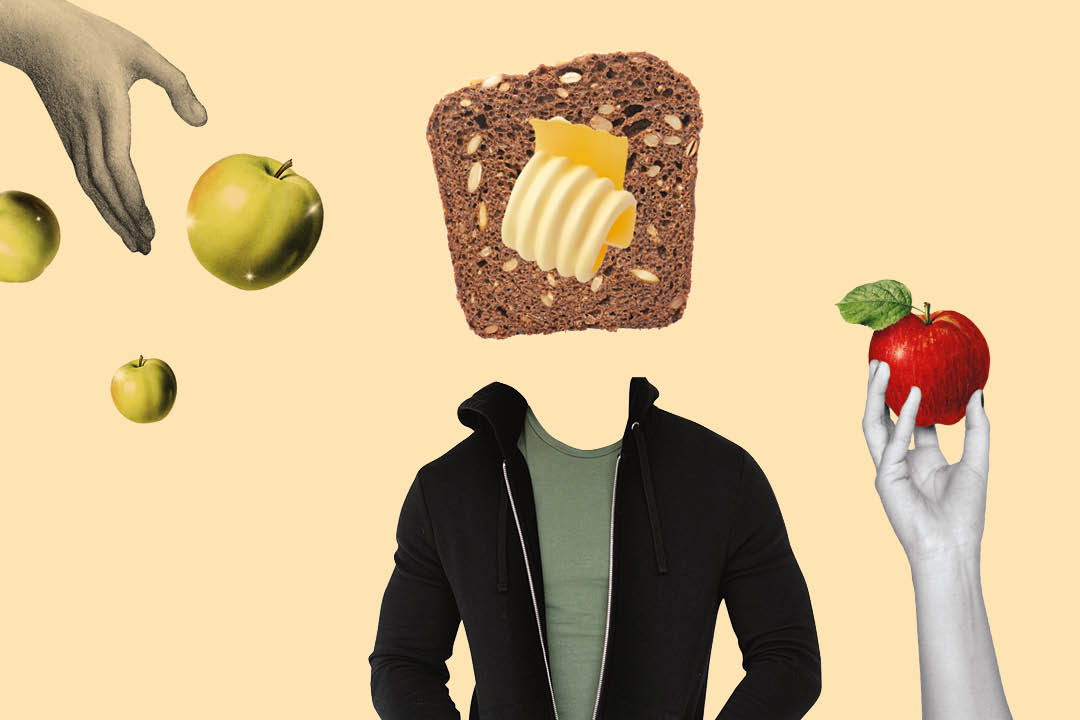 Oberkörper eines Mannes mit einem Kopf aus Schwarzbrot mit einer Flocke Butter – drumherum greifen Hände nach Äpfeln