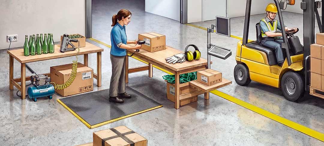 Illustration einer Lagerhalle: Eine Mitarbeiterin verpackt Flaschen manuell in Kartons, ein Mitarbeiter fährt mit einem Gabelstapler durch die Halle