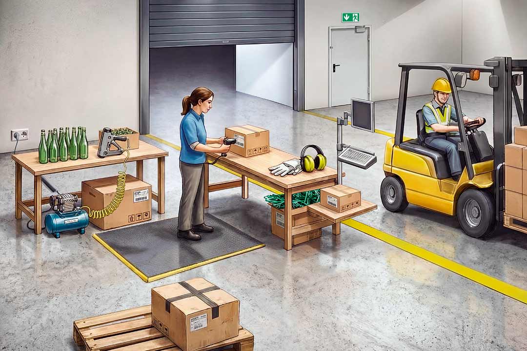 Illustration einer Lagerhalle: Eine Mitarbeiterin verpackt Flaschen manuell in Kartons, ein Mitarbeiter fährt mit einem Gabelstapler durch die Halle