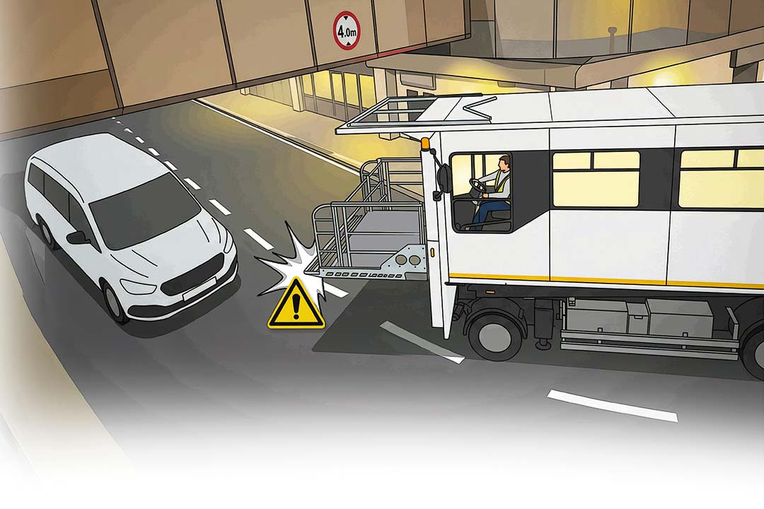 Illustration einer Kollistion eines Hublift-Fahrzeugs mit einem Pkw aufgrund fehlender Übersicht