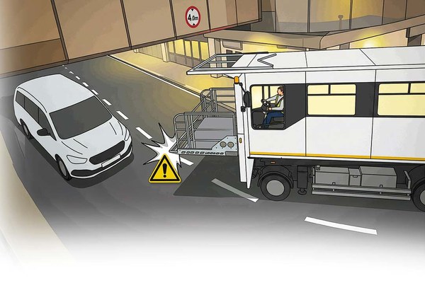 Illustration einer Kollistion eines Hublift-Fahrzeugs mit einem Pkw aufgrund fehlender Übersicht