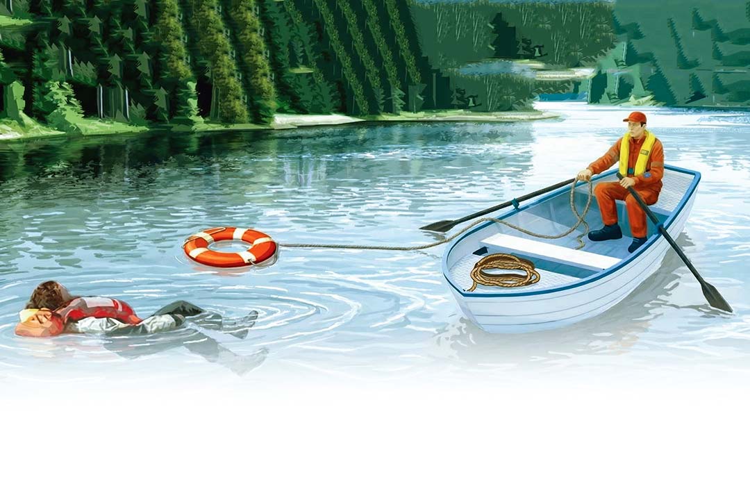 Illustration einer Rettungsszene: Ein Mann mit Rettungsweste im Wasser bekommt von einem anderen Mann in einem Beiboot einen Rettungsring zugeworfen