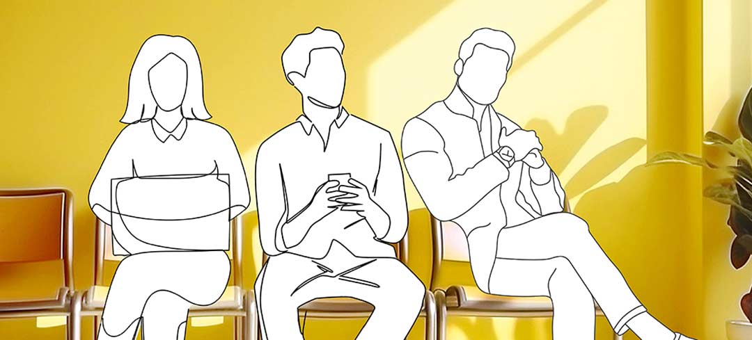 Ein-Strich-Illustration wartender Patientinnen und Patientin im Wartezimmer