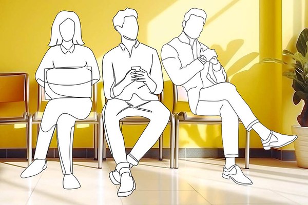 Ein-Strich-Illustration wartender Patientinnen und Patientin im Wartezimmer
