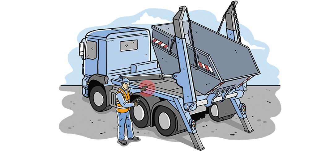 Illustration bei der die Quetschstelle zwischen Hubarmzylinder und Grundrahmen des Absetzkippaufbaus anzeigt wird