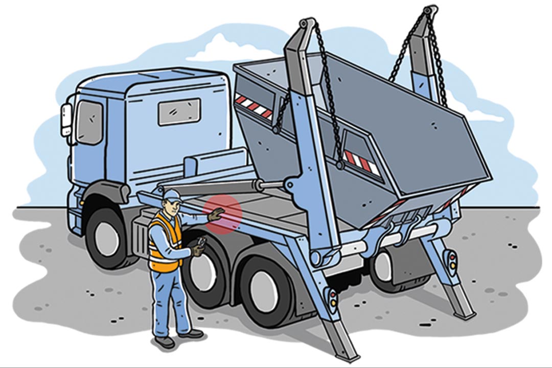 Illustration bei der die Quetschstelle zwischen Hubarmzylinder und Grundrahmen des Absetzkippaufbaus anzeigt wird