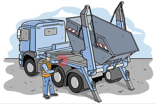 Illustration bei der die Quetschstelle zwischen Hubarmzylinder und Grundrahmen des Absetzkippaufbaus anzeigt wird