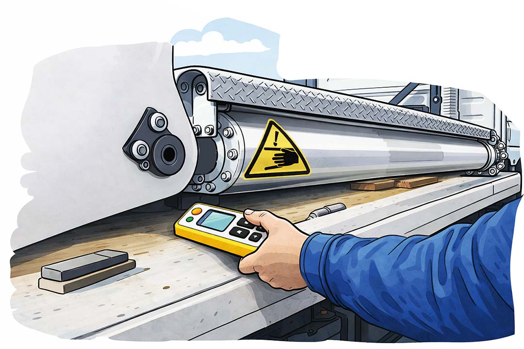 Illustration einer Hand mit Fernbedienung – bei Unaufmerksamkeit droht die Hand eingequetscht zu werden