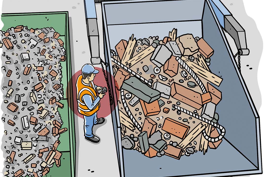 Illustration eines Gefahrenbereichs in direkter Nähe zu den Hubarmen eines Absetzkippers