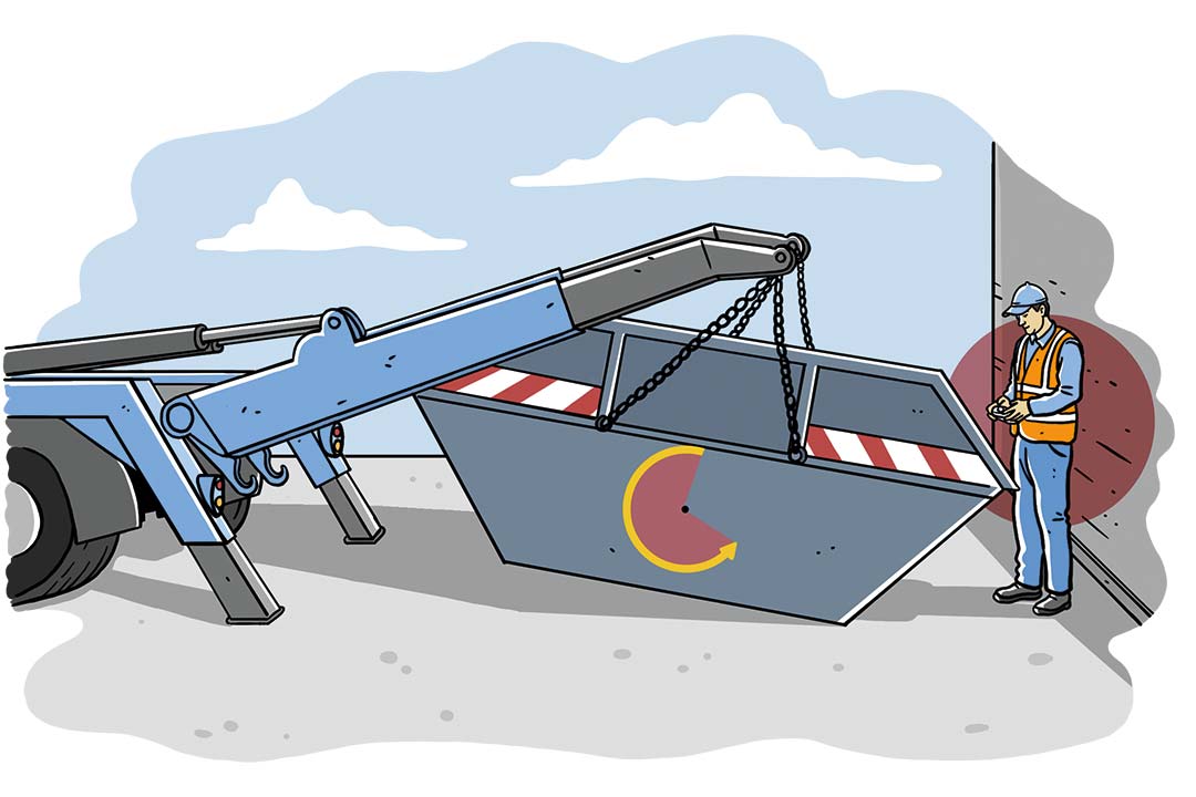 Illustration die den Gefahrenbereich im Heck eines Absetzkipperfahrzeugs anzeigt