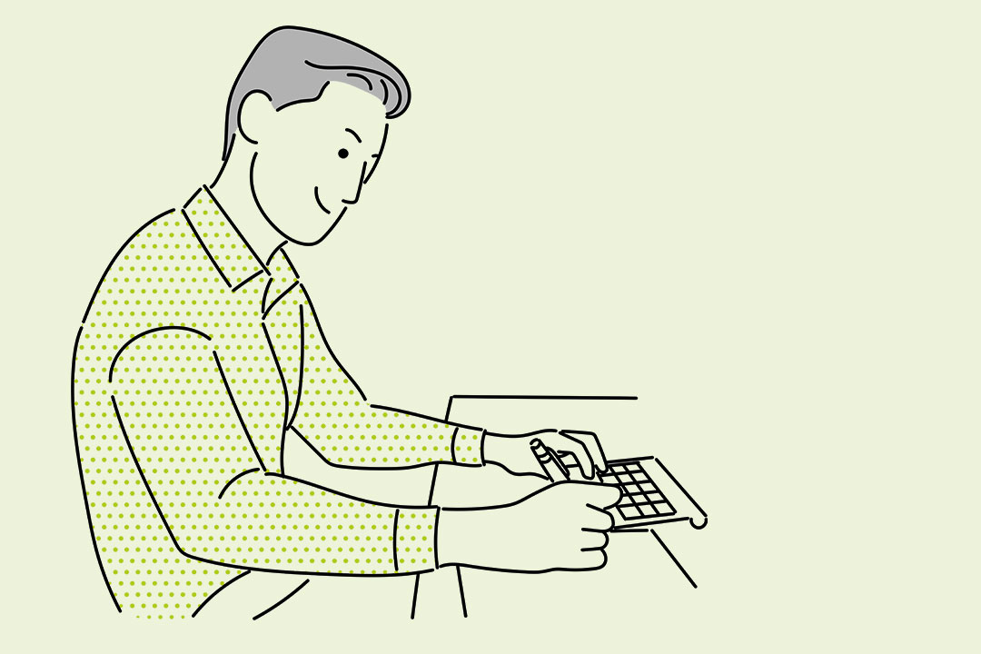 Illustration eines Mannes am Schreibtisch bei der Berechnung eines Beitrags