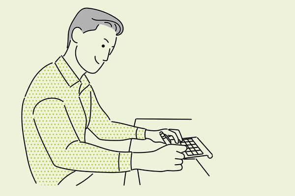 Illustration eines Mannes am Schreibtisch bei der Berechnung eines Beitrags