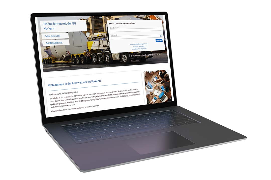 Aufgeklapptes Notebook mit aufgerufener Seite zur Lernwelt der BG Verkehr