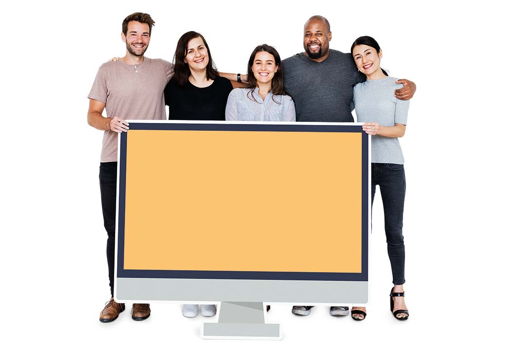 Diverse Menschen halten sich im Arm und stehen hinter der Illustration eines Monitors in der die Headline zum Seminarprogramm 2027 steht