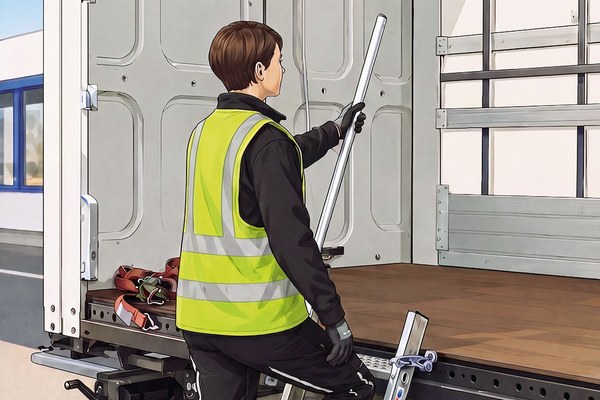 Visualisierung einer Mitarbeiterin, die über eine Leiter ins Fahrzeug steigt