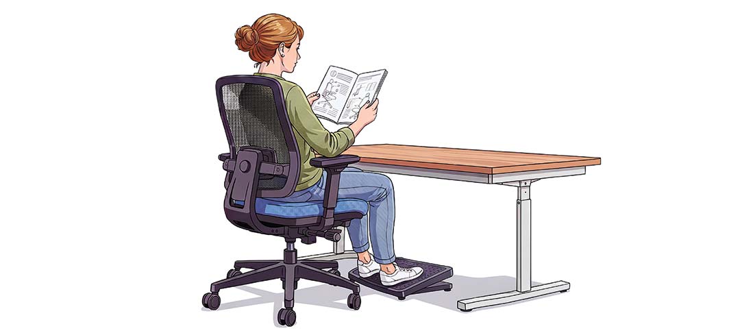Illustration einer Frau lesend in einem Bürostuhl sitzend in korrekter Körperhaltung