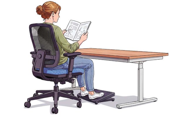 Illustration einer Frau lesend in einem Bürostuhl sitzend in korrekter Körperhaltung