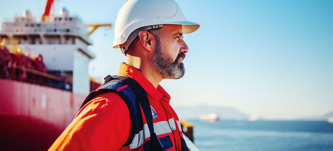 Mitarbeiter in Persönlicher Schutzkleidung am Hafen stehend und in die Ferne blickend
