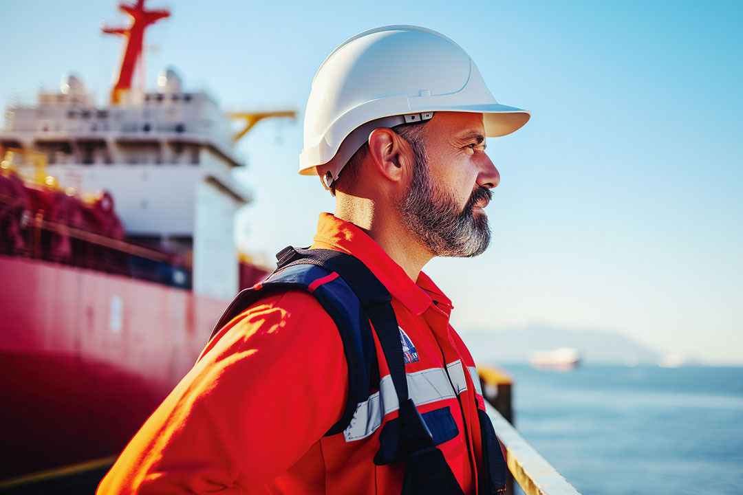 Mitarbeiter in Persönlicher Schutzkleidung am Hafen stehend und in die Ferne blickend