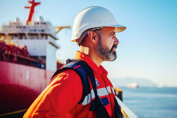 Mitarbeiter in Persönlicher Schutzkleidung am Hafen stehend und in die Ferne blickend