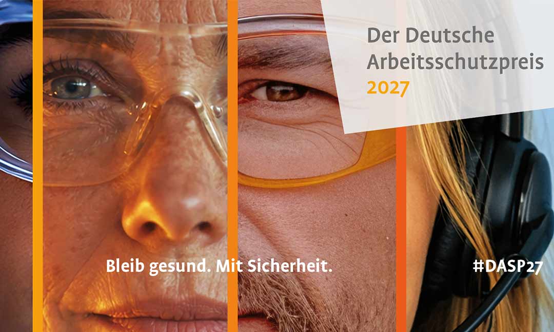 Eine Collage aus drei Menschen mit Schutzbrillen als Key Visual zum Deutschen Arbeitsschutzpreis 2027