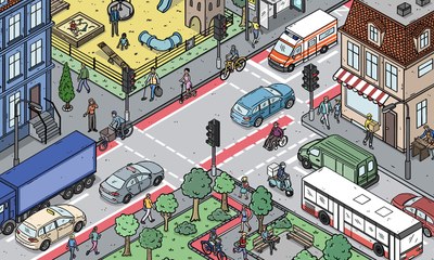 Straßenverkehr mit Fußgängern, Radfahrern und Autos als Illustration