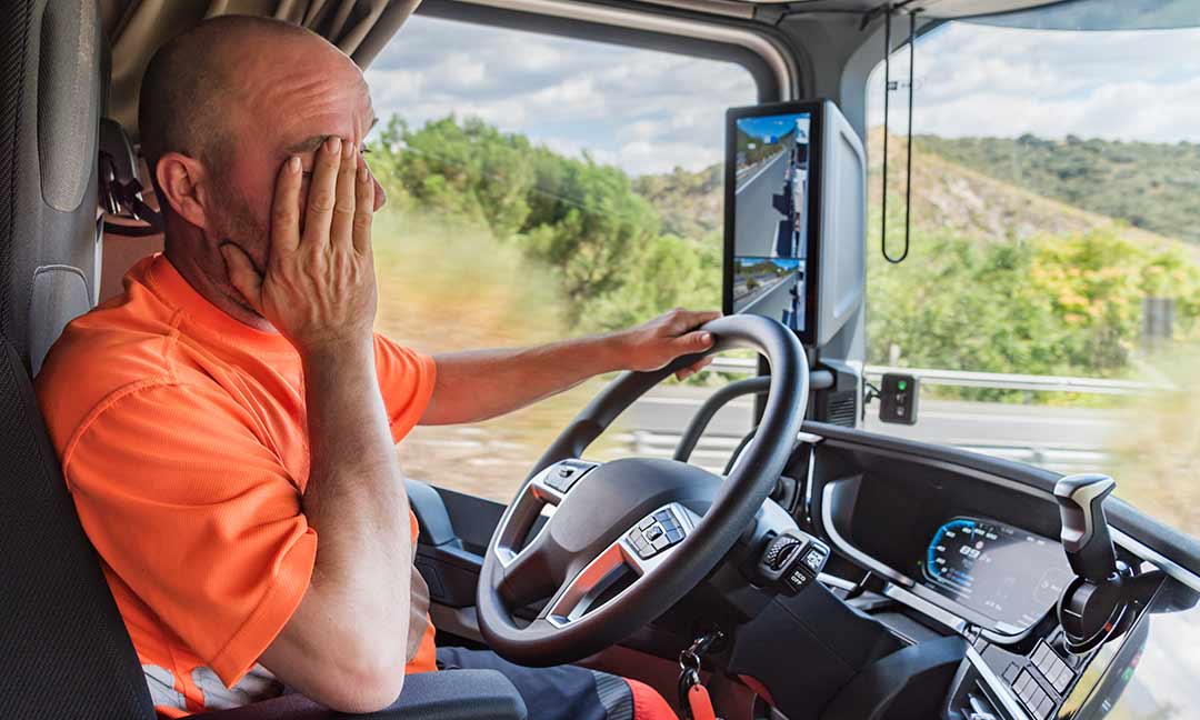 Lkw-Fahrer reibt sich während der Fahrt mit der Hand durchs Gesicht